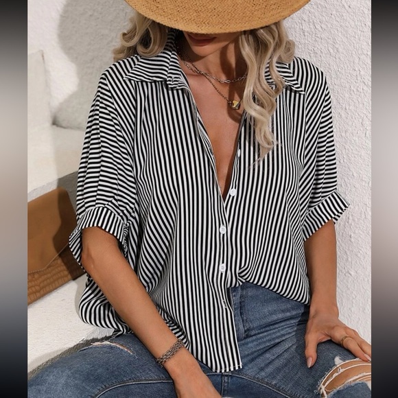 Classic Oversized Loose Fit Stripe Batwing Sleeve Button Down Shirt Top Blouse - Picture 8 of 14